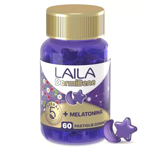 Laila DormiBene Integratore alimentare per il sonno a base di Herbal 5 Complex e Melatonina per favorire un rapido addormentamento. Confezione da 60 pastiglie gommose. Senza zuccheri