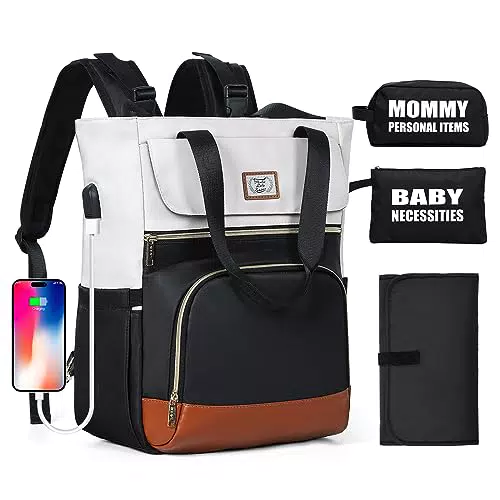 Lekespring Borsa per pannolini con fasciatoio e 2 tasche portaoggetti - Borsa fasciatoio agganciabile a passeggini e valigie - Zaino porta pannolini con porta di ricarica USB - Nero-02