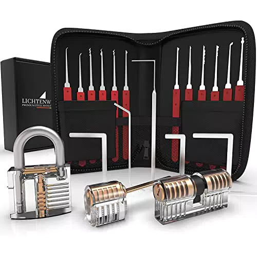 LICHTENWERK Lockpicking Set con Istruzioni, Set con 3 Chiusure Trasparenti per Esercizi