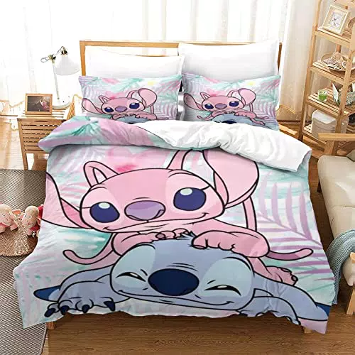 Lilo & Stitch Set Copripiumino Cartone Animato Per Bambini 2 Pezzi Set Biancheria Da Letto Regalo Di Natale Copriletto Copripiumino Morbido E Accogliente Per Adolescenti Ragazzi Singolo（135X200cm）