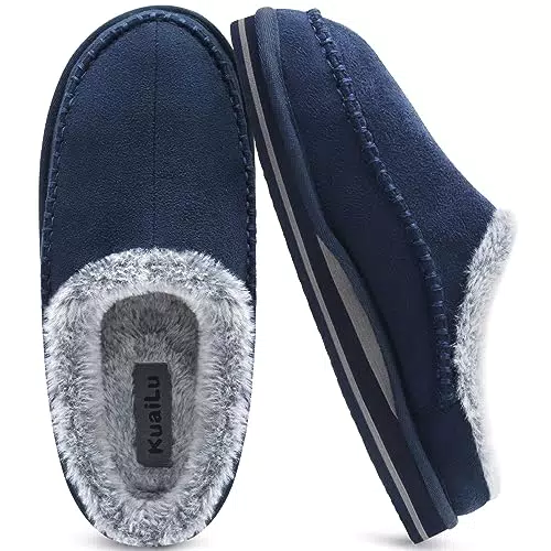 Pantofole per arco plantare da uomo Comodo Interno Cuciture fatte a mano microsuede Scivolare su Scarpe da casa Pelliccia sintetica calda Gomma All'aperto Blu Taglia 45