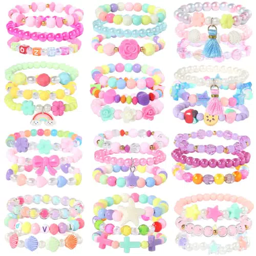 powerking Braccialetti per bambini, Braccialetti con perline per ragazze principesse e braccialetti per gioielli Set per bambini Favore per feste - Confezione da 12 pezzi 36 pezzi