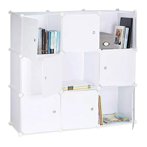 Relaxdays armadietto con ante e divisori in plastica, 9 scomparti, bianco