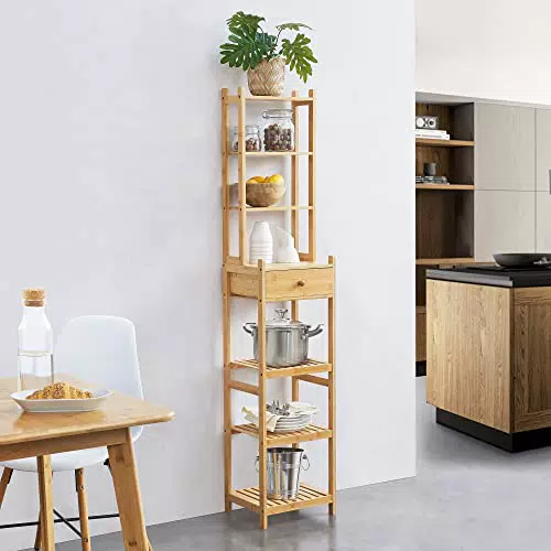 Scaffale a Torre in Bambù 163 x 33 x 28 cm Mobile a Terra con Cassetto e 7 Ripiani Organizzatore Portaoggetti per Cucina/Bagno