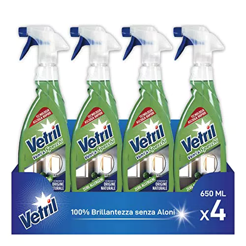 Vetril - Detergente Spray Vetri e Specchi Senza Allergeni di origine naturale, 650 ml x 12 Pezzi