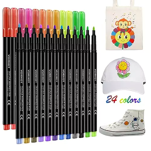 VORHOT 24 Colori Pennarelli per Tessuti e Stoffa, 3mm Permanenti in Lavatrice