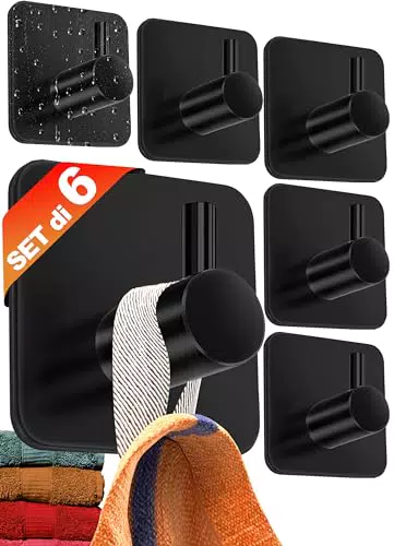 4smile ganci adesivi acciaio inox - SET 6 appendi porta asciugamani neri bagno antiruggine ganci adesivi eleganti - appendi accappatoio bagno