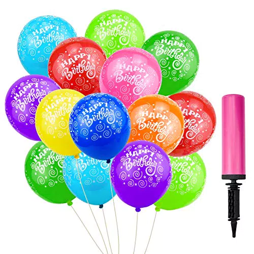 50 Piezas Globos de Cumpleaños, Globos de Látex 30 cm con Inflador para Decoración de Festa de Cumpleaños - con Impresión "Feliz cumpleaños"