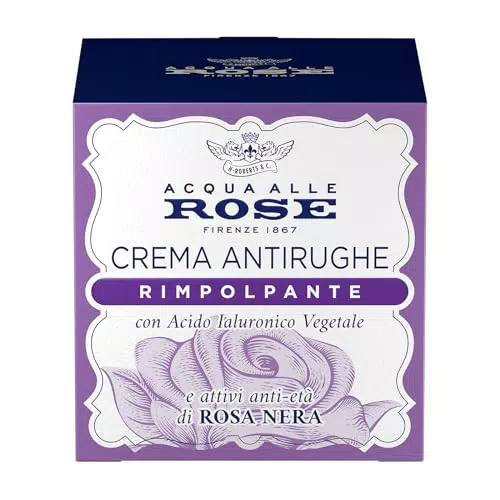 Acqua alle Rose, Crema Viso Antirughe Rimpolpante con Attivi Anti-Età di Rosa Nera e Acido Ialuronico Vegetale