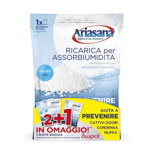 Ariasana Ricarica in Sali Assorbiumidità Fragranza Inodore Formato Convenienza di 2 Buste da 450 Grammi + 1 Busta da 450 Grammi in Omaggio Assorbono Efficacemente l'Eccesso di Umidità