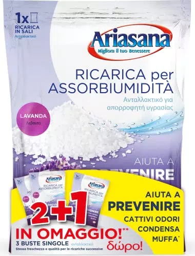 Ariasana Ricarica in Sali Assorbiumidità Fragranza Lavanda Formato Convenienza di 2 Buste da 450 Grammi + 1 Busta da 450 Grammi in Omaggio Assorbono Efficacemente l'Eccesso di Umidità