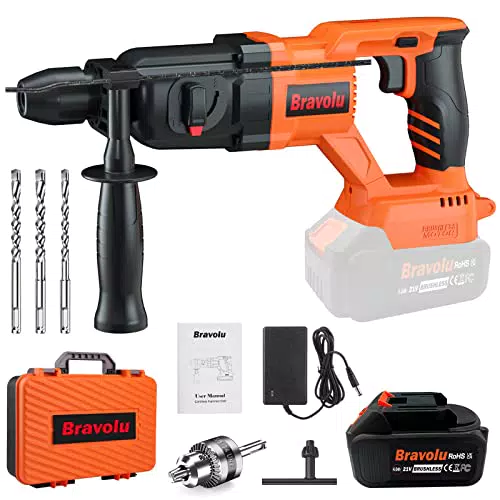 Martello Perforatore a Batteria Bravolu 21V, Trapano a Percussione 6J, Tassellatore 2 Modalità 4.0Ah