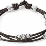Bracciale da Donna Fossil in Vera Pelle e Perline in Acciaio Inossidabile