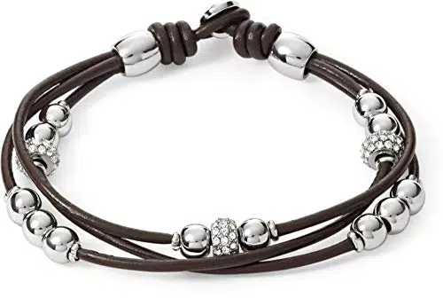 Bracciale da Donna Fossil in Vera Pelle e Perline in Acciaio Inossidabile