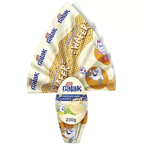 GALAK Uovo di Pasqua 2024 Cioccolato Bianco con pezzetti di Wafer con sorpresa 230g