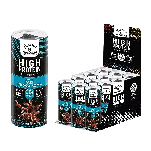 Granarolo, HIGH PROTEIN Milkshake Dark Choco Bomb, 12 Confezioni di Latte scremato UHT con Aggiunta di 20 g di Proteine al Gusto Cioccolato