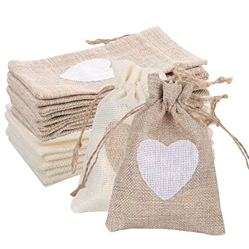 Sacchetti in Tela di Iuta con Motivo a Cuore per Caramelle e Gioielli