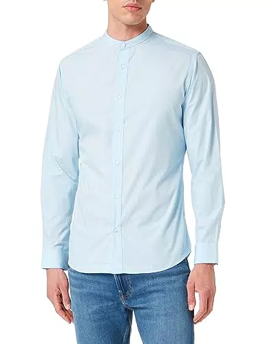 JACK & JONES Camicia slim tinta unita con collo coreano. Turchese Celeste