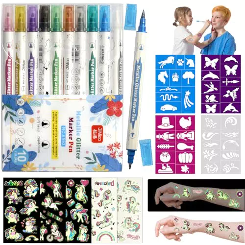 Kit Tatuaggi per Bambini, 10 Tatuaggi Penne Bambini + 40 Stencil + 31 Unicorno Tatuaggi per Bambini Luminosi