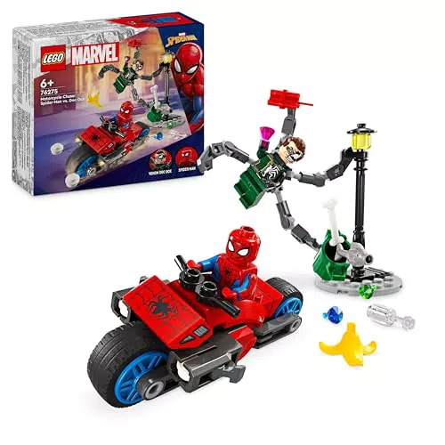 LEGO Marvel Inseguimento Sulla Moto: Spider-Man vs. Doc Ock, Motocicletta Giocattolo da Costruire per Bambini dai 6 Anni - Idea Regalo Compleanno