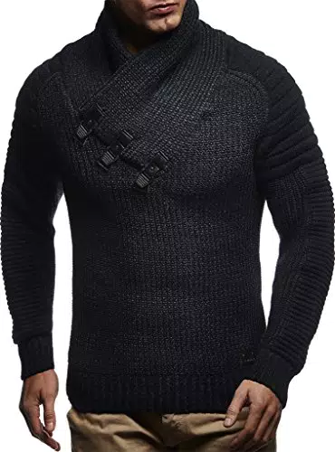 Leif Nelson Maglione Uomo Felpa a Maglia Collo a Scialle LN-5225 Nero Antracite X-Large