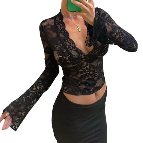 Crop Top Loalirando con Maniche Lunghe e Scollo a V in Pizzo Floreale - Donna