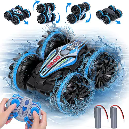 Macchina Telecomandata per Bambini, Impermeabile RC Auto Anfibio Auto Radiocomandata 360 ° Girare 180 ° Flip Offroad 4WD Giocattolo con 2 Batterie per 4 5 6 7 8 9 10 Ragazzi e Ragazze