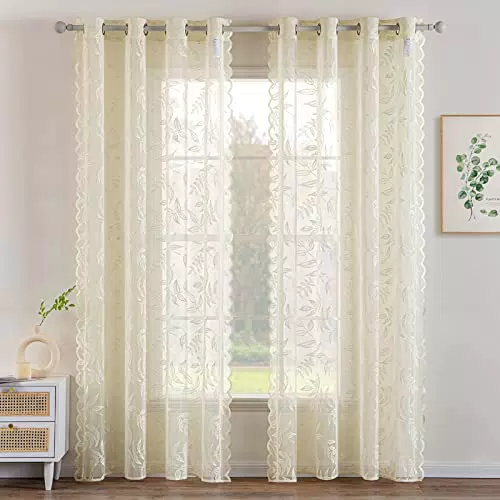 MIULEE 2 Pannelli Tende con motivo di pizzo a foglie con Occhielli Moderna Lavabile Elegante per Camera da Letto Soggiorno Cucina 150X245 CM Beige