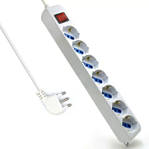 Multipresa a 7 Posti, Ciabatta Elettrica con 7 Prese Italiane 10A/16A e Schuko - Spina Italiana 16A - Potenza 250V/2500W - Cavo da 1