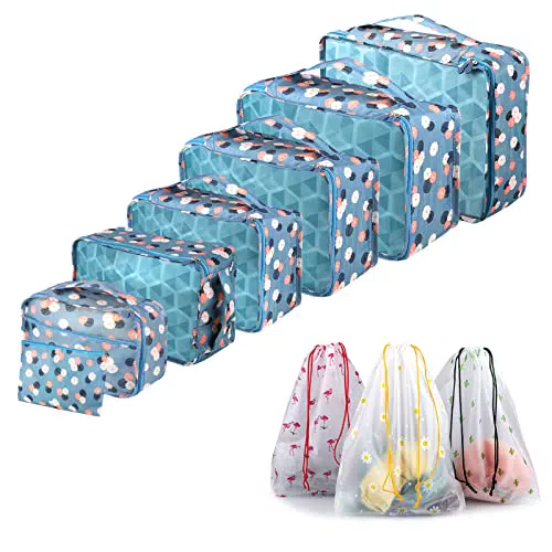 Organizer Valigie Sciphylia Organizer Valigia Set di 10 Borse Organizer da Viaggio Impermeabili Cubi di Imballaggio Viaggio Accessori Utili per Vestiti Cosmetici Scarpe Biancheria Intima Fiore Blu