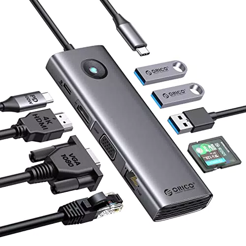 Docking Station USB C ORICO 9 in 1 con HDMI 4K, PD100W, 3 x USB 3.0, Ethernet, SD/TF, VGA