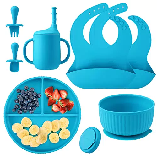 Set Pappa per Bambini in Silicone: Piatto, Ventosa, Ciotola, Cucchiaio, Forchetta e Bavaglino - Senza BPA, Antiscivolo.