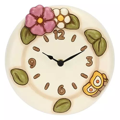 THUN Orologio da Parete con Fiore di Malva in Ceramica Decorata a Mano
