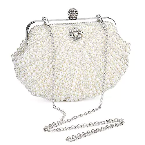 Borsa da Sera Donna Pochette Elegante in Perla Bianca con Catene Rimovibili