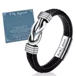 VU100 Uomo Bracciale in pelle intrecciata, al mio fidanzato in acciaio inox ti amo per sempre intrecciato braccialetto in pelle nodo braccialetto ispiratore Bangle