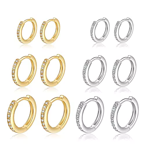 Orecchini a Cerchio Placcati in Oro 14K e Argento Sterling con Zirconi - Set da 6