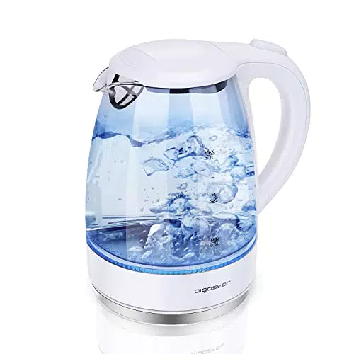 Bollitore Elettrico Aigostar Eve in Vetro Borosilicato con LED Blu - 2200W, 1.7L, Senza filo, Base Girevole 360°