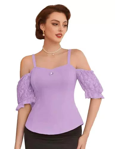 Top Donna Vintage Belle Poque con Spalline Sottili in Pizzo a Maniche Corte