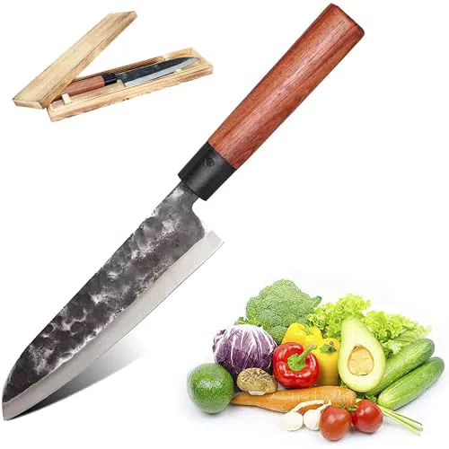Coltello da Cucina Giapponese 18 cm - Lama Acciaio Martellato 2,5 mm - Resistenza 58 HRC - Manico Palissandro - Cofanetto Regalo