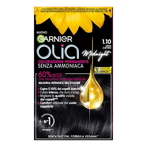 Garnier Olia Tinta Capelli Senza Ammoniaca, Copertura 100% Capelli Bianchi, Fragranza Delicata - Nero Zaffiro