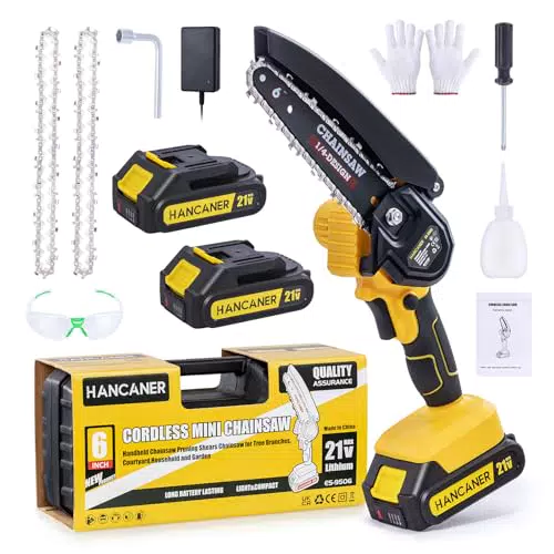 Mini Motosega a Batteria Hancaner 6-Inch con 2 Batterie da 2,0 Ah e Catene - Motosega Elettrica per Albero Trimming