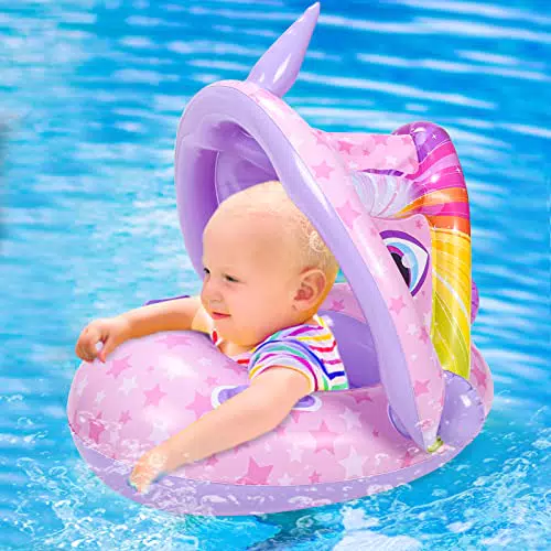 Salvagente Neonato Herefun con Parasole Regolabile per Nuoto Piscina (Unicorni)