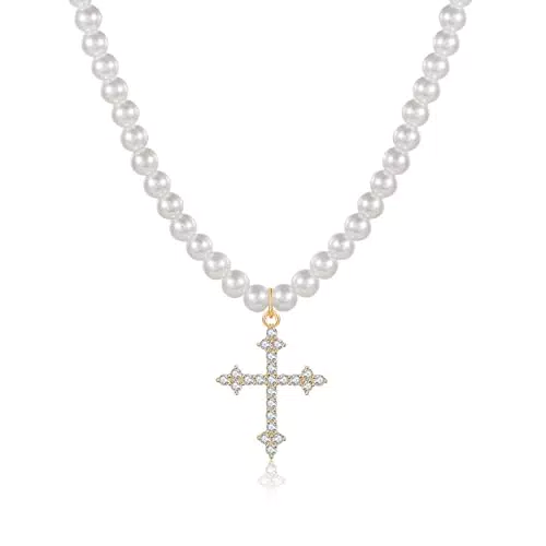 Collana a Croce di Perle Hipwope Placcata in Oro 14K