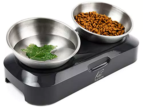 KatSupreme Ciotole per cibo per gatti inclinate - Set di ciotole anti vomito in acciaio inox con supporto