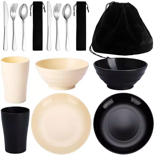Set posate da campeggio Kyraton: bicchieri, piatti e ciotole in plastica e posate in acciaio inox con borsa nera