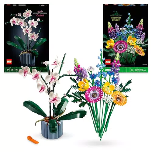 LEGO Icons Bundle Botanico: Bouquet Fiori Selvatici e Orchidea, Set Collezione Botanica - Artigianato Fai da Te