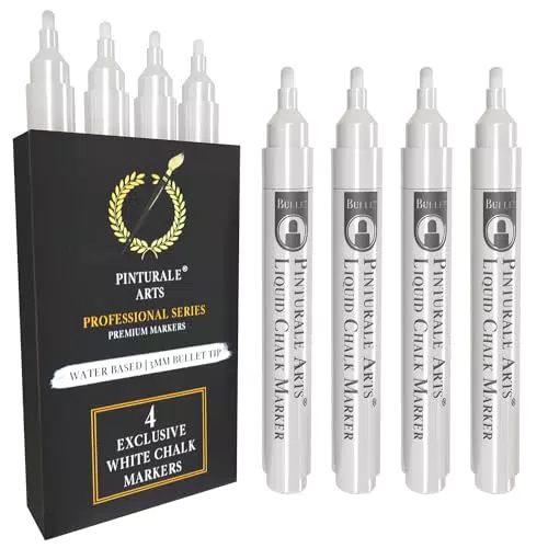 Pennarelli Gesso Liquido Bianco | Set 4 Pennarelli Cancellabili | Punta 3 mm | Per Vetro e Lavagna Nera