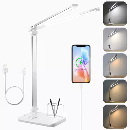 Lampada da Scrivania Doppia con 10 Livelli di Luminosità e Porta USB - Ideale per Ufficio e Studio