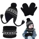 Cappello Sciarpa Guanti Invernali per Bambini con Pompon - Set Termico per Ragazzi e Ragazze (Nero)