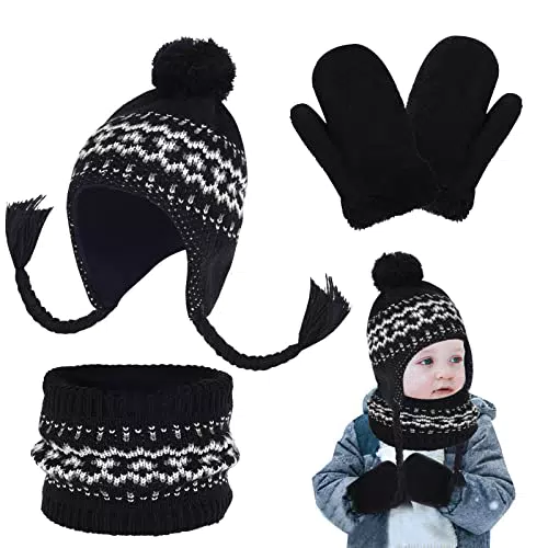Cappello Sciarpa Guanti Invernali per Bambini con Pompon - Set Termico per Ragazzi e Ragazze (Nero)